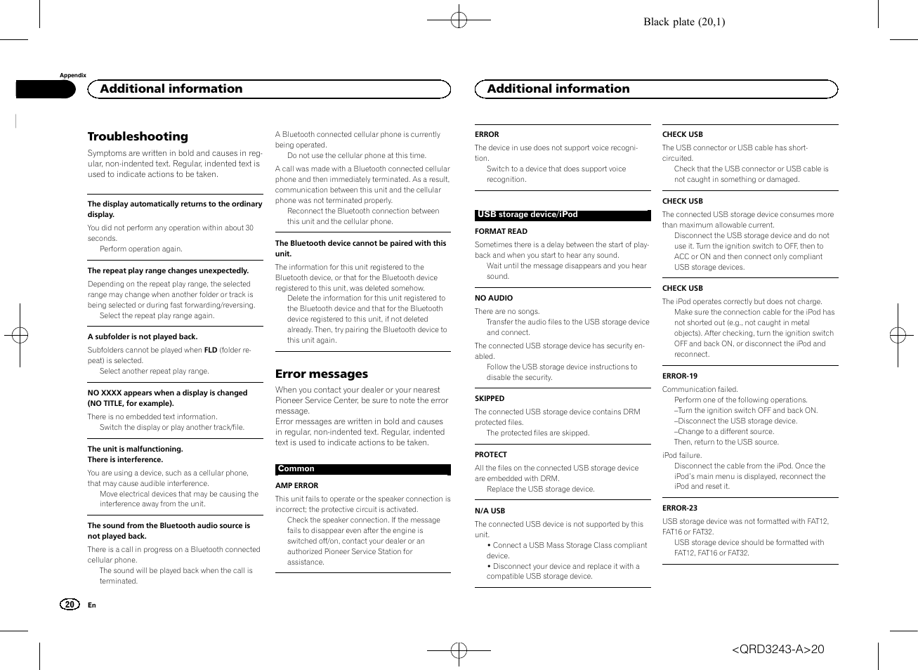 Troubleshooting, Error messages, Additional information | Pioneer MVH-X565BT User Manual | Page 20 / 140