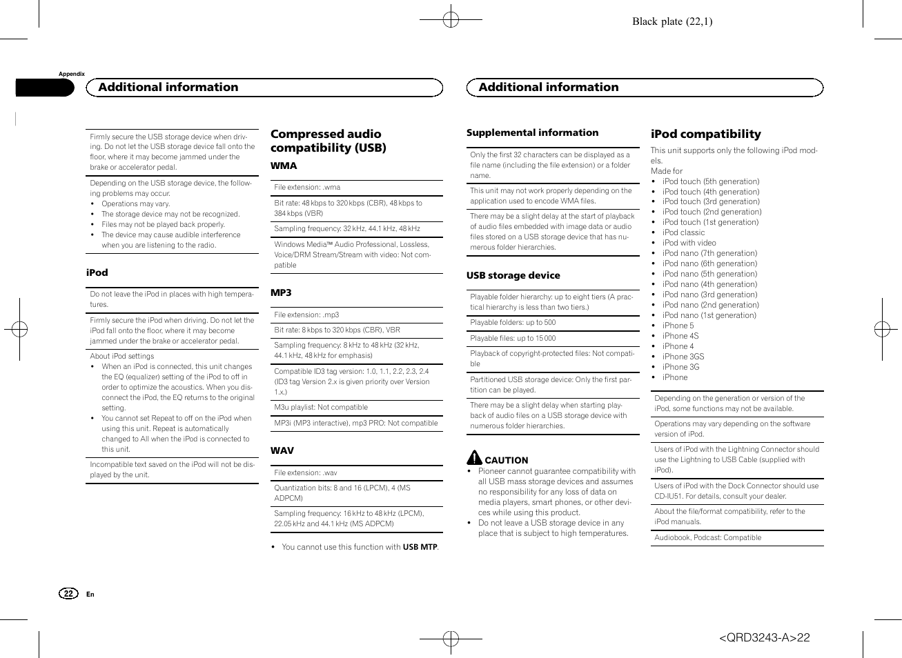 Compressed audio compatibility (usb), Ipod compatibility, Additional information | Pioneer MVH-X565BT User Manual | Page 22 / 140