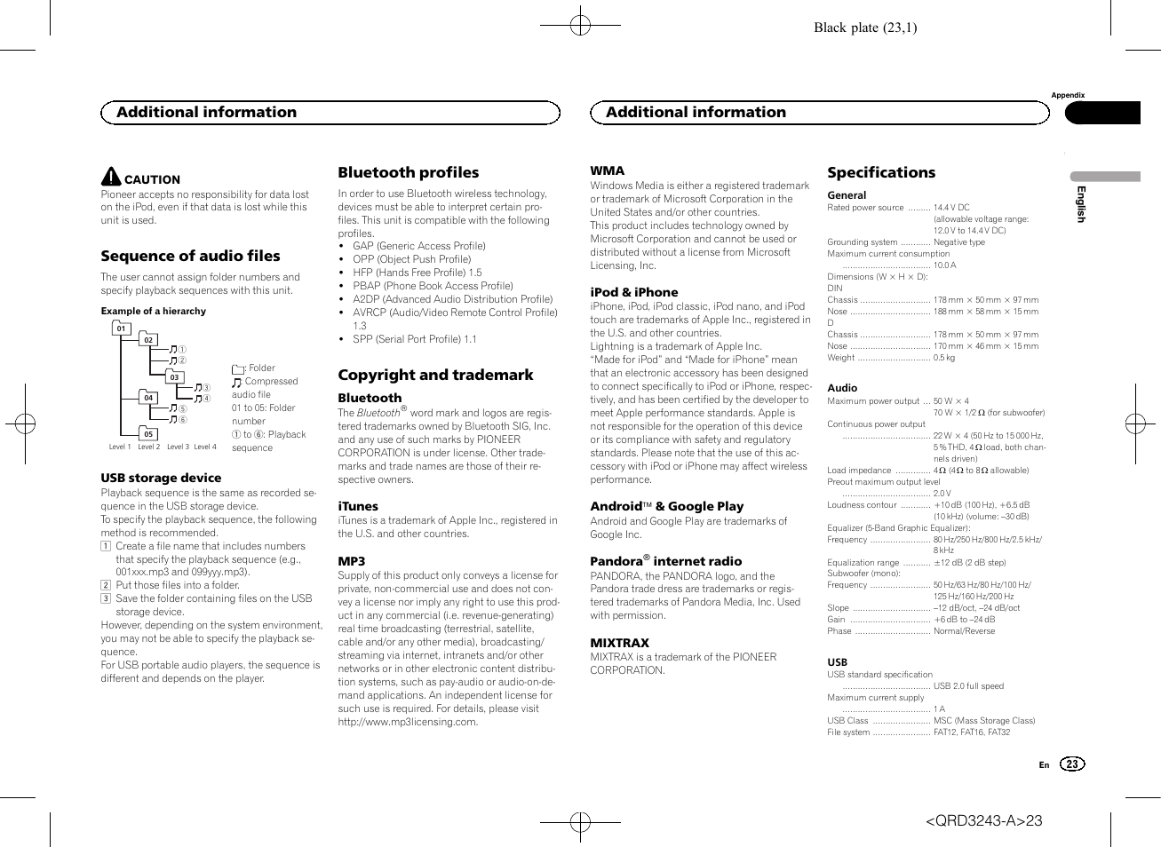 Sequence of audio files, Bluetooth profiles, Copyright and trademark | Specifications, Additional information | Pioneer MVH-X565BT User Manual | Page 23 / 140