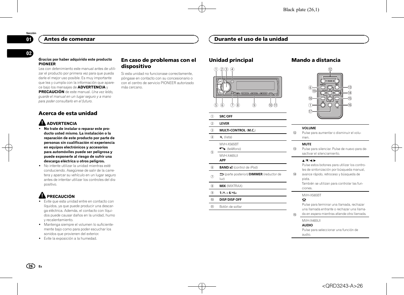Manual de instrucciones, Receptor de medios digitales | Pioneer MVH-X565BT User Manual | Page 26 / 140