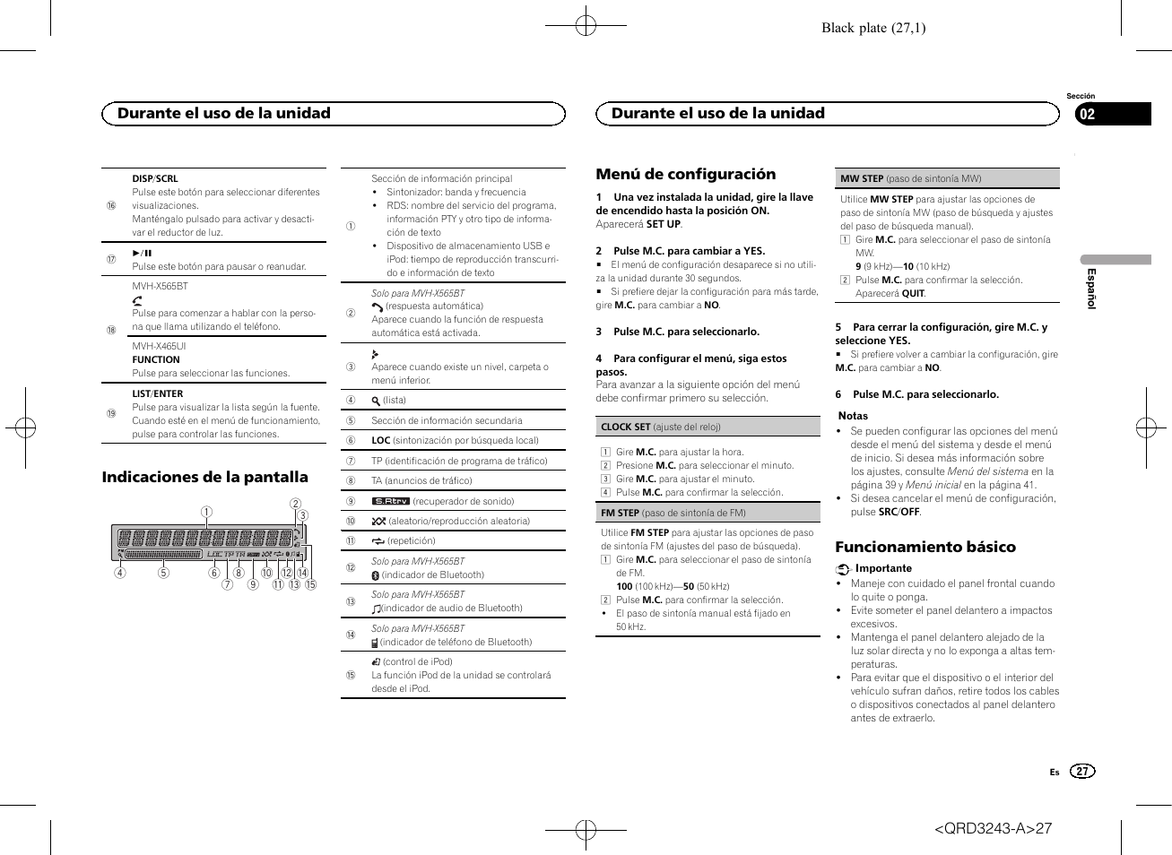 Indicaciones de la pantalla, Menú de configuración, Funcionamiento básico | Durante el uso de la unidad | Pioneer MVH-X565BT User Manual | Page 27 / 140