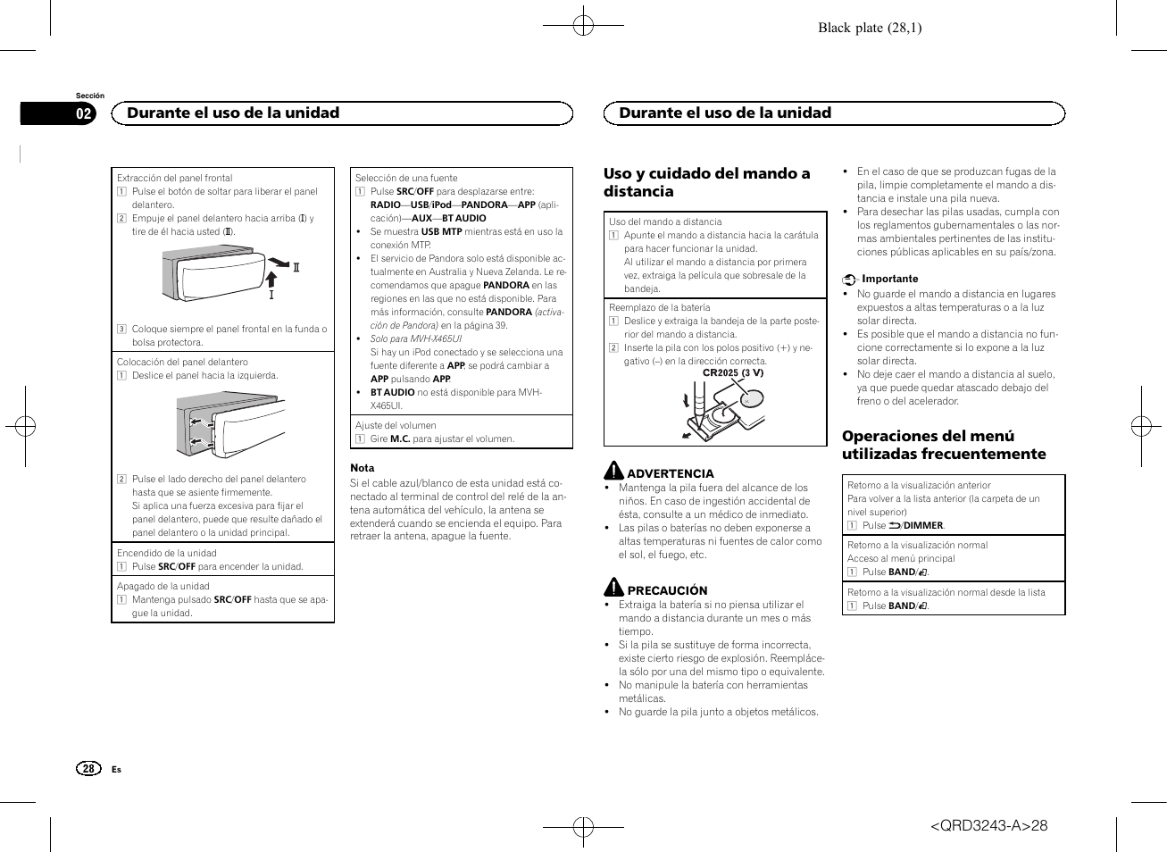 Uso y cuidado del mando a distancia, Operaciones del menú utilizadas frecuentemente, Durante el uso de la unidad | Pioneer MVH-X565BT User Manual | Page 28 / 140