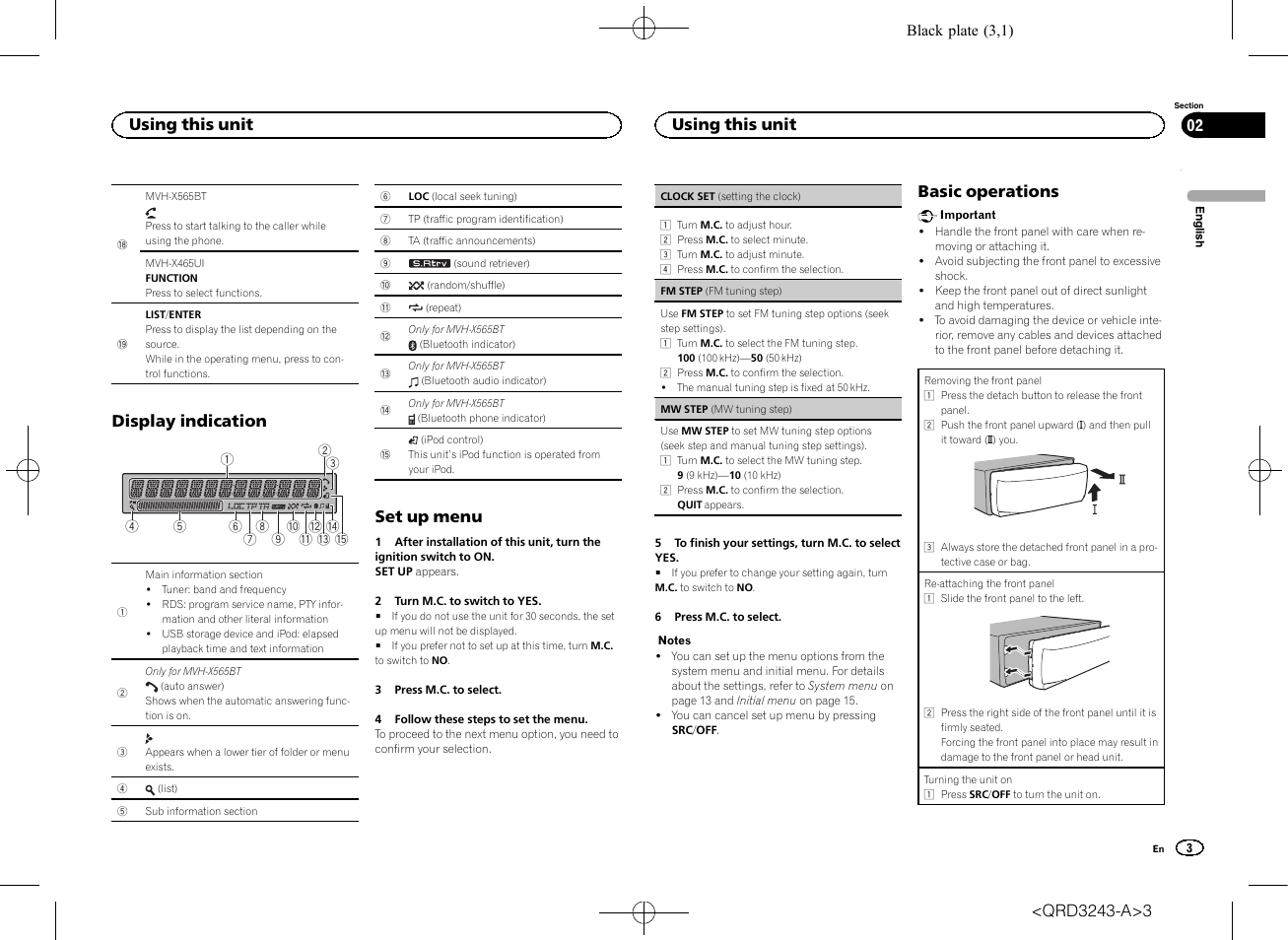 Display indication, Set up menu, Basic operations | Using this unit | Pioneer MVH-X565BT User Manual | Page 3 / 140