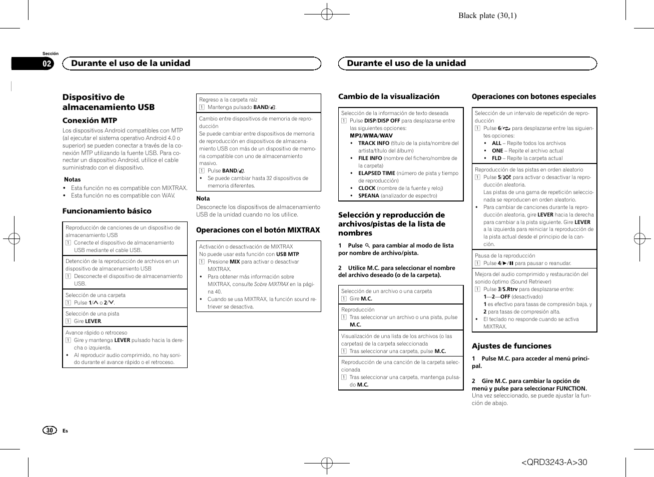 Dispositivo de almacenamiento usb, Durante el uso de la unidad | Pioneer MVH-X565BT User Manual | Page 30 / 140