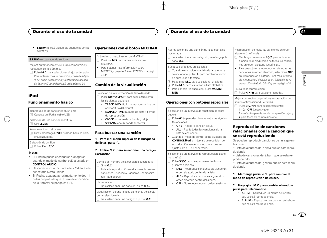 Ipod, Durante el uso de la unidad | Pioneer MVH-X565BT User Manual | Page 31 / 140