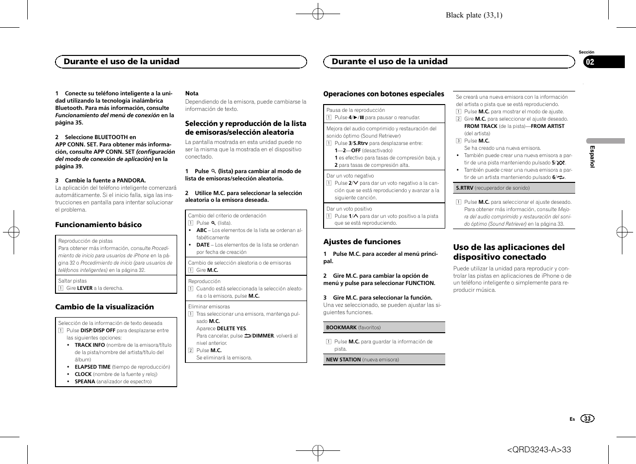 Uso de las aplicaciones del dispositivo conectado, Durante el uso de la unidad | Pioneer MVH-X565BT User Manual | Page 33 / 140