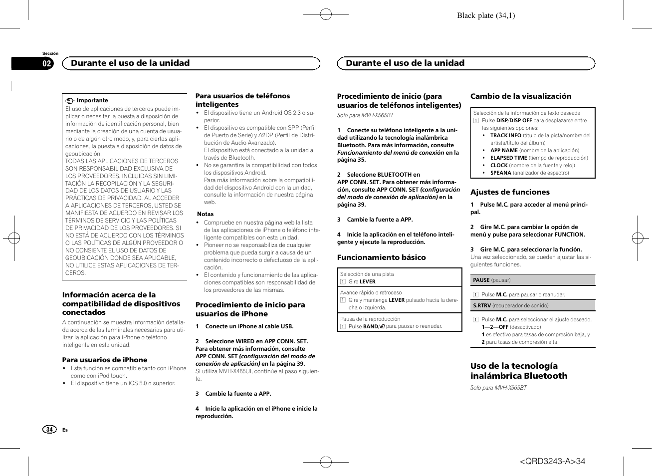 Uso de la tecnología inalámbrica bluetooth, Durante el uso de la unidad | Pioneer MVH-X565BT User Manual | Page 34 / 140