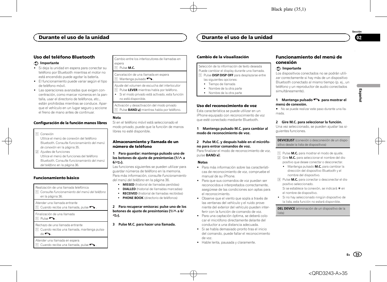 Durante el uso de la unidad | Pioneer MVH-X565BT User Manual | Page 35 / 140