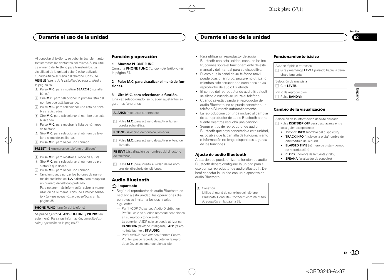 Durante el uso de la unidad | Pioneer MVH-X565BT User Manual | Page 37 / 140