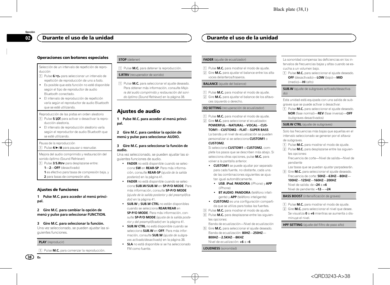 Ajustes de audio, Durante el uso de la unidad | Pioneer MVH-X565BT User Manual | Page 38 / 140