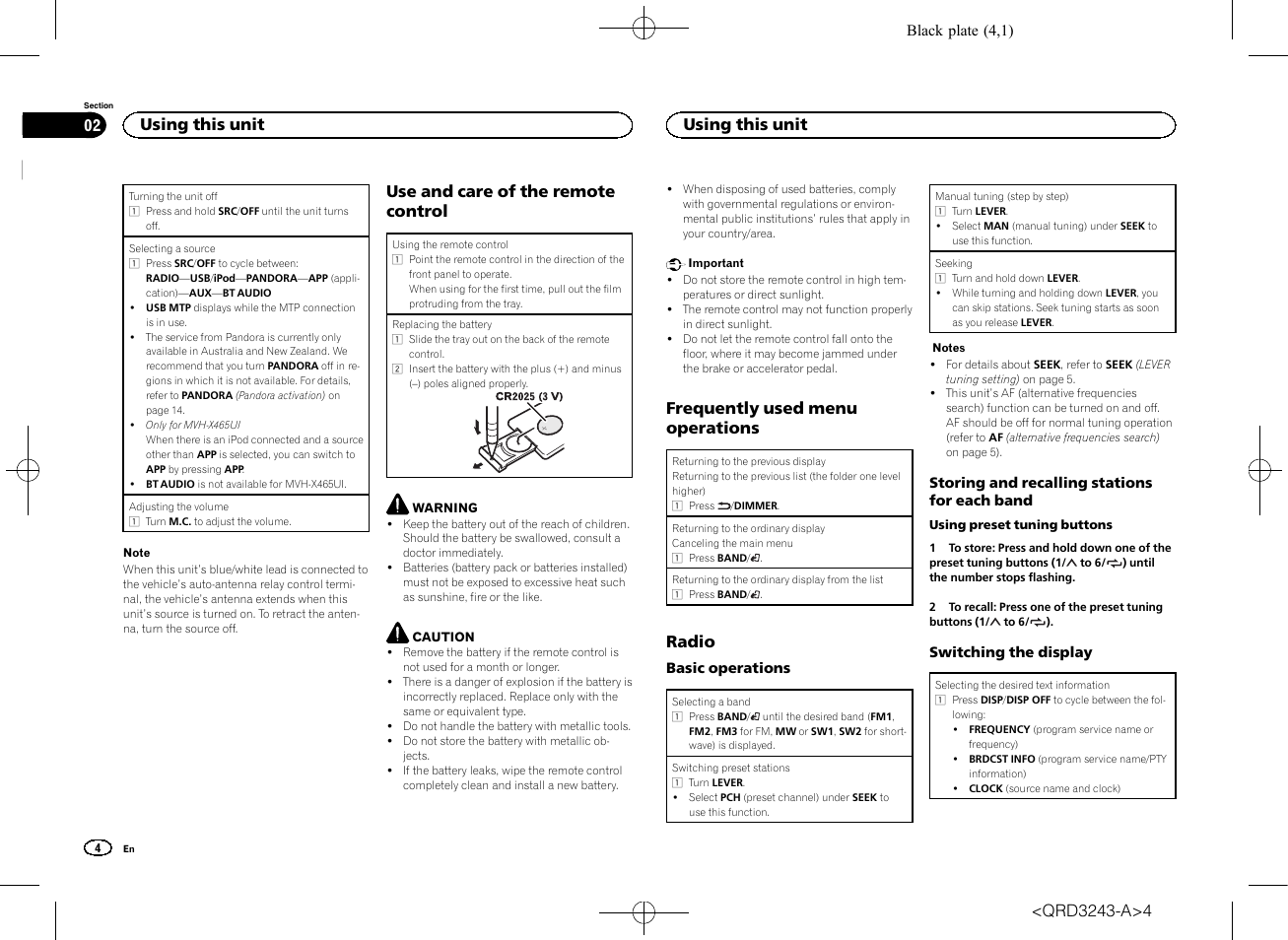 Use and care of the remote control, Frequently used menu operations, Radio | Using this unit | Pioneer MVH-X565BT User Manual | Page 4 / 140