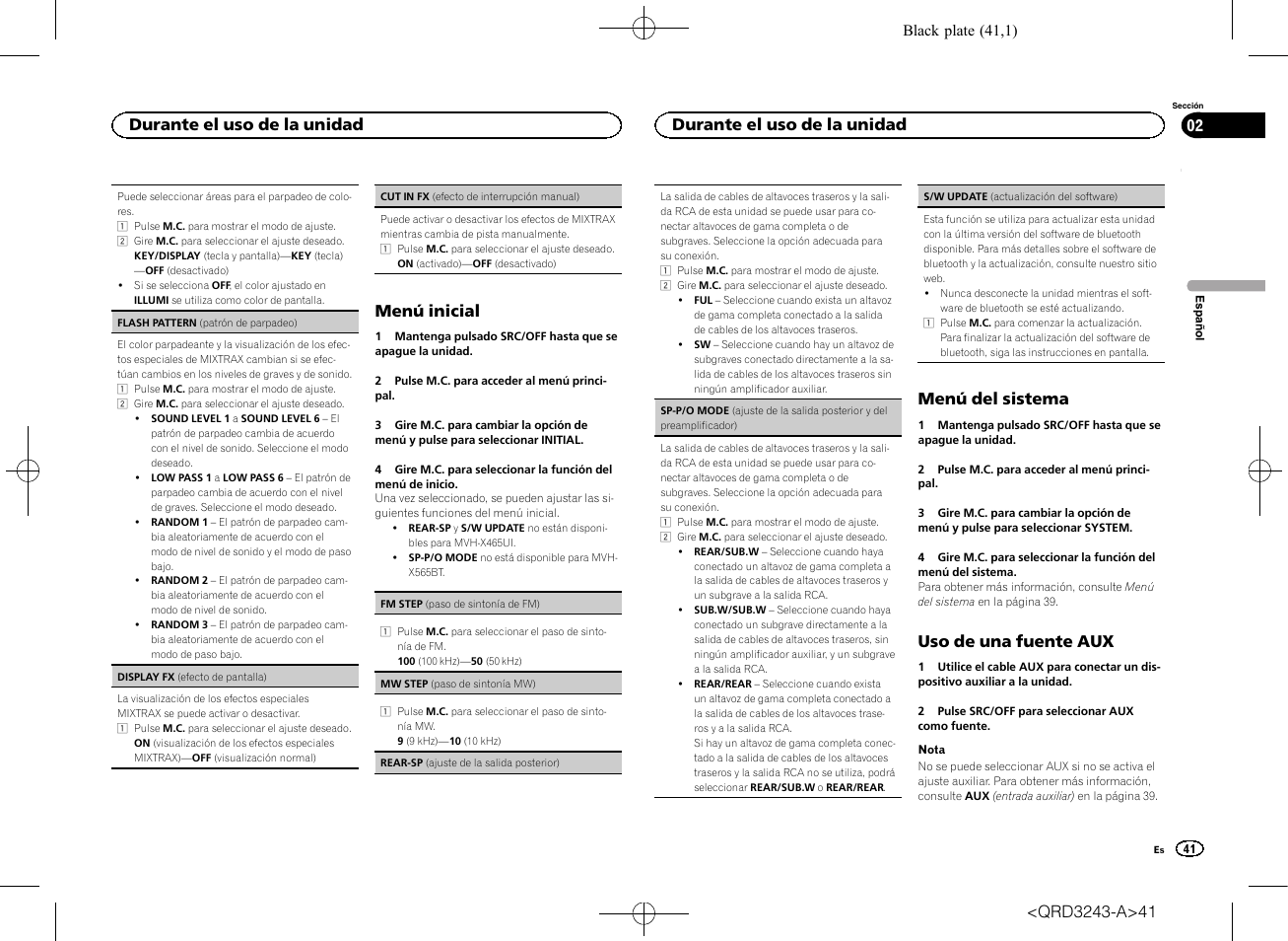 Rear-sp (ajuste de la salida, Sp-p/o mode, Sp-p/o mode (ajuste de la salida poste | Menú inicial, Menú del sistema, Uso de una fuente aux, Durante el uso de la unidad | Pioneer MVH-X565BT User Manual | Page 41 / 140