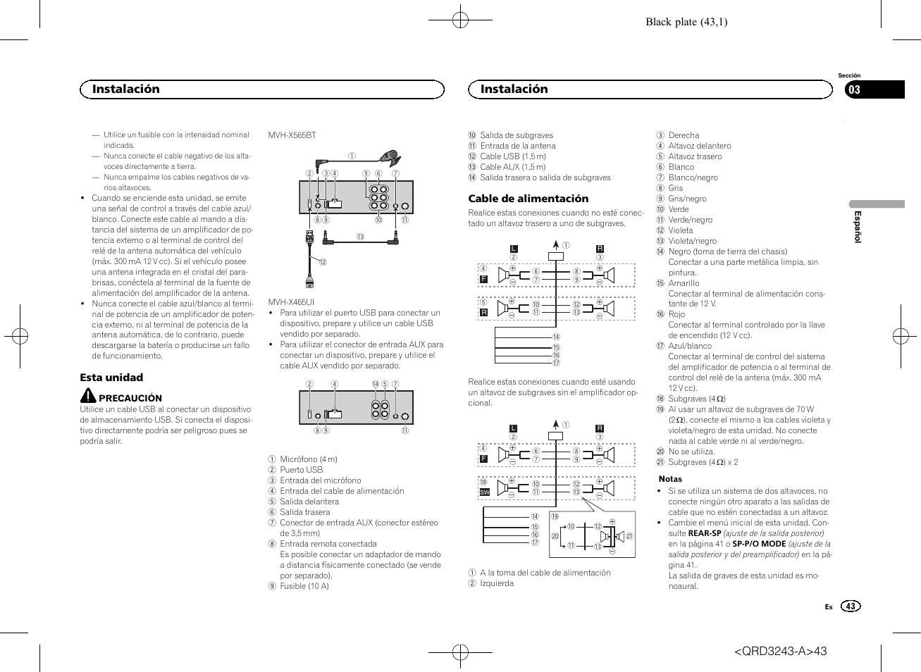 Instalación | Pioneer MVH-X565BT User Manual | Page 43 / 140