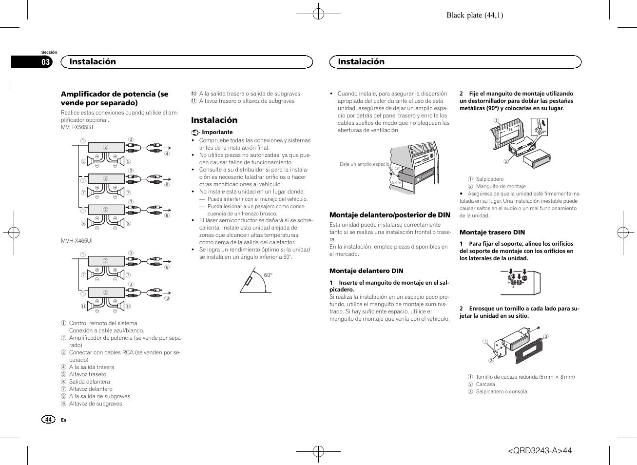 Instalación | Pioneer MVH-X565BT User Manual | Page 44 / 140