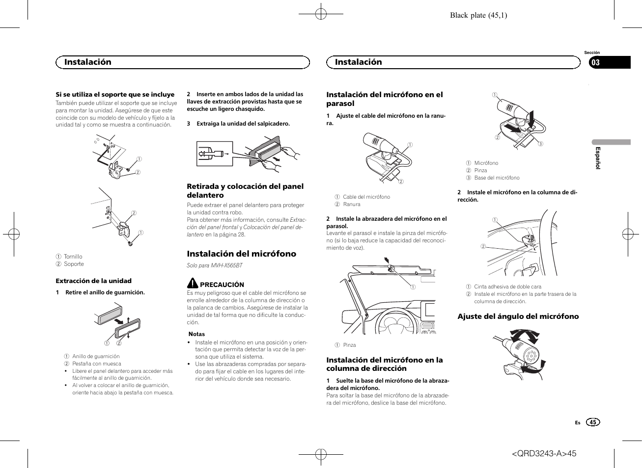 Instalación del micrófono, Instalación | Pioneer MVH-X565BT User Manual | Page 45 / 140