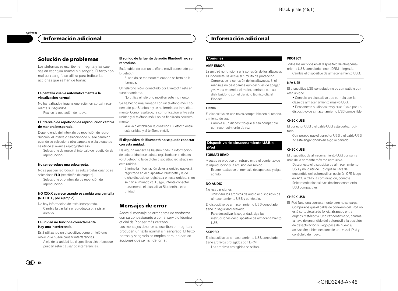 Solución de problemas, Mensajes de error, Información adicional | Pioneer MVH-X565BT User Manual | Page 46 / 140