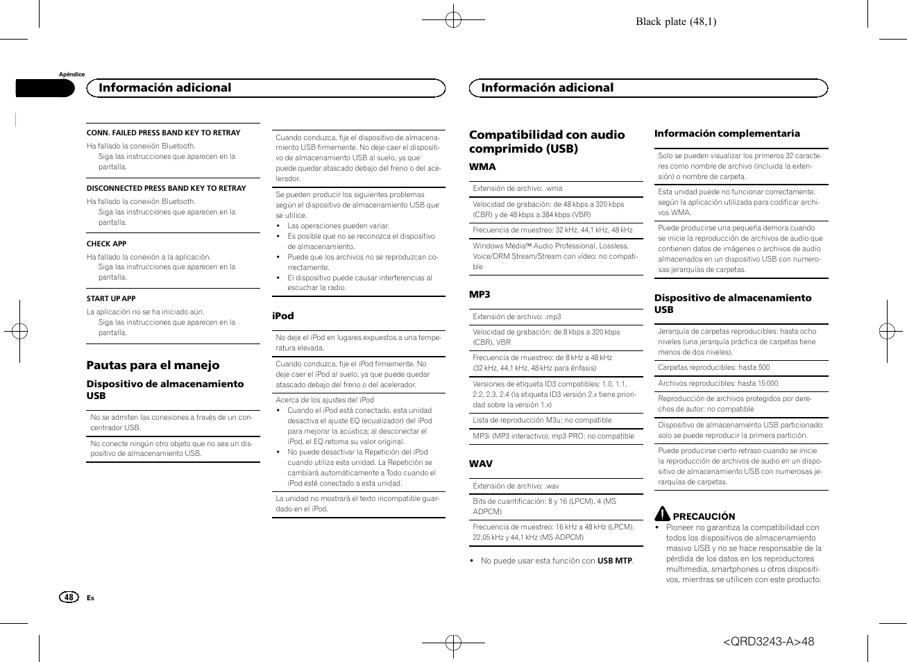 Pautas para el manejo, Compatibilidad con audio comprimido (usb), Información adicional | Pioneer MVH-X565BT User Manual | Page 48 / 140