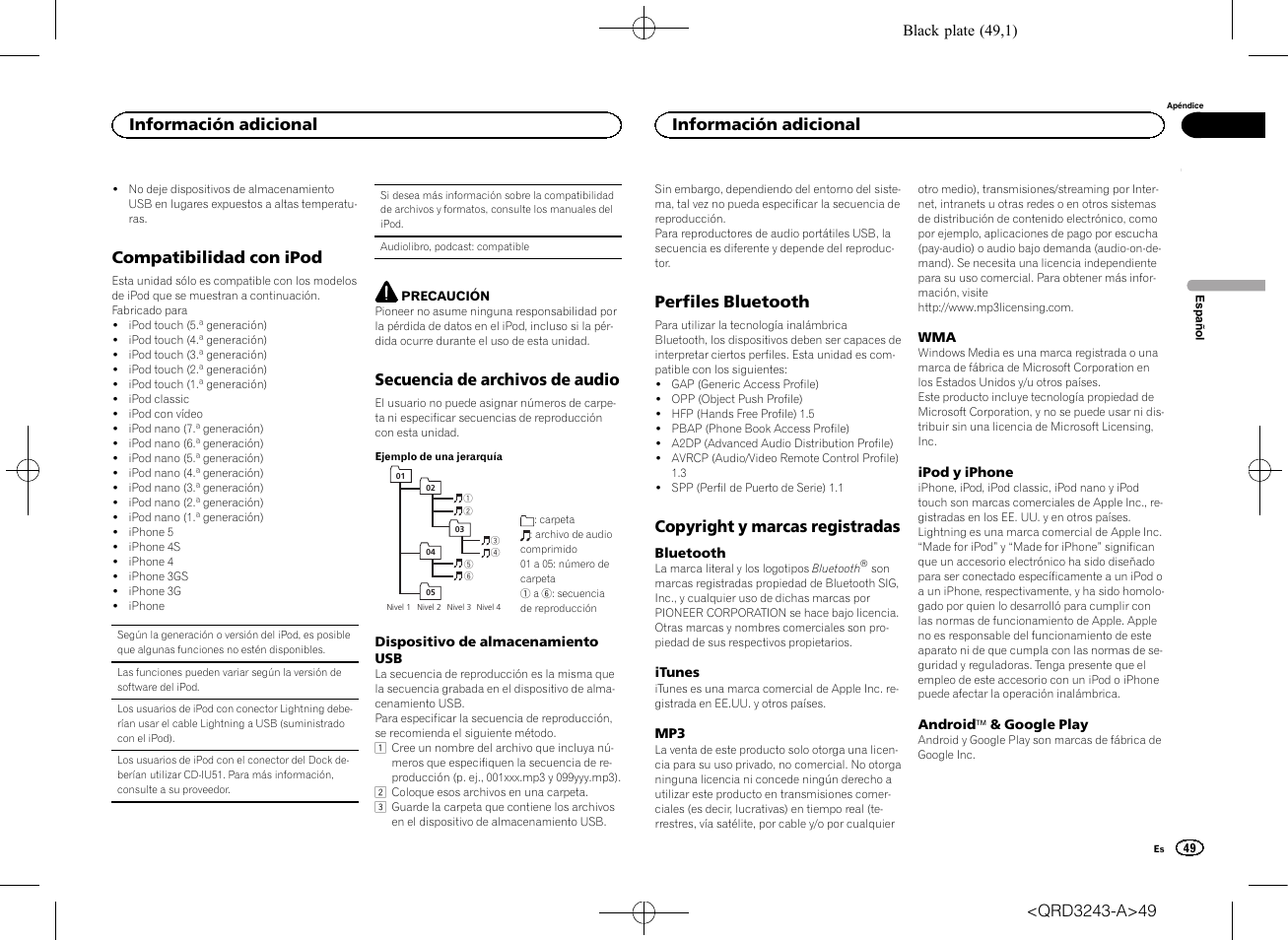 Compatibilidad con ipod, Secuencia de archivos de audio, Perfiles bluetooth | Copyright y marcas registradas, Información adicional | Pioneer MVH-X565BT User Manual | Page 49 / 140