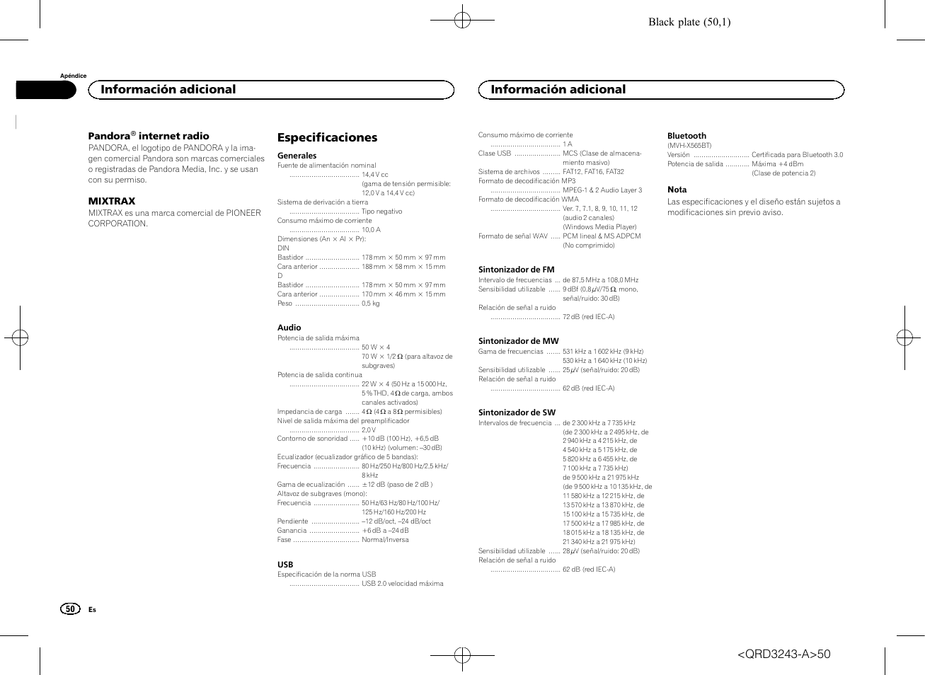 Especificaciones, Información adicional, Black plate (50,1) | Pioneer MVH-X565BT User Manual | Page 50 / 140