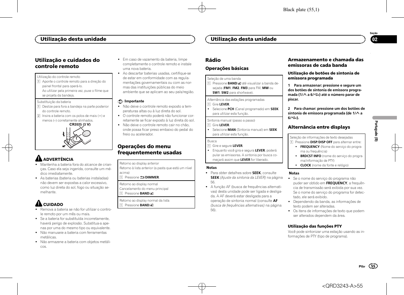 Utilização e cuidados do controle remoto, Operações do menu frequentemente usadas, Rádio | Utilização desta unidade | Pioneer MVH-X565BT User Manual | Page 55 / 140