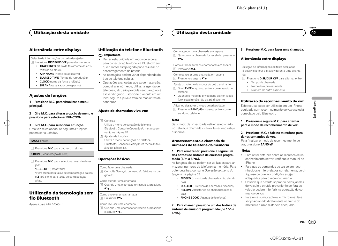 Utilização da tecnologia sem fio bluetooth, Utilização desta unidade | Pioneer MVH-X565BT User Manual | Page 61 / 140