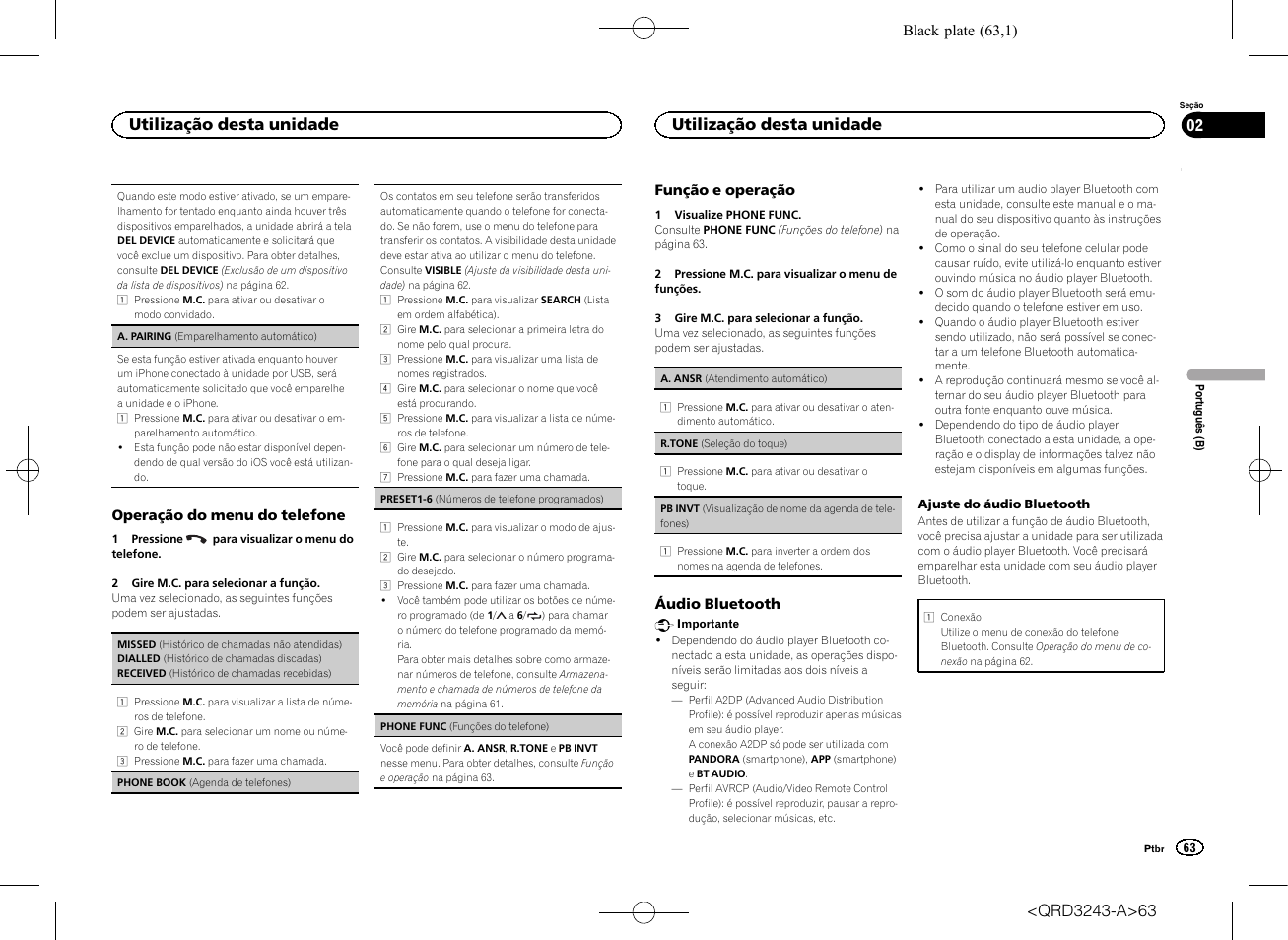 Operação do menu do telefone na pá, Gina 63, Utilização desta unidade | Pioneer MVH-X565BT User Manual | Page 63 / 140