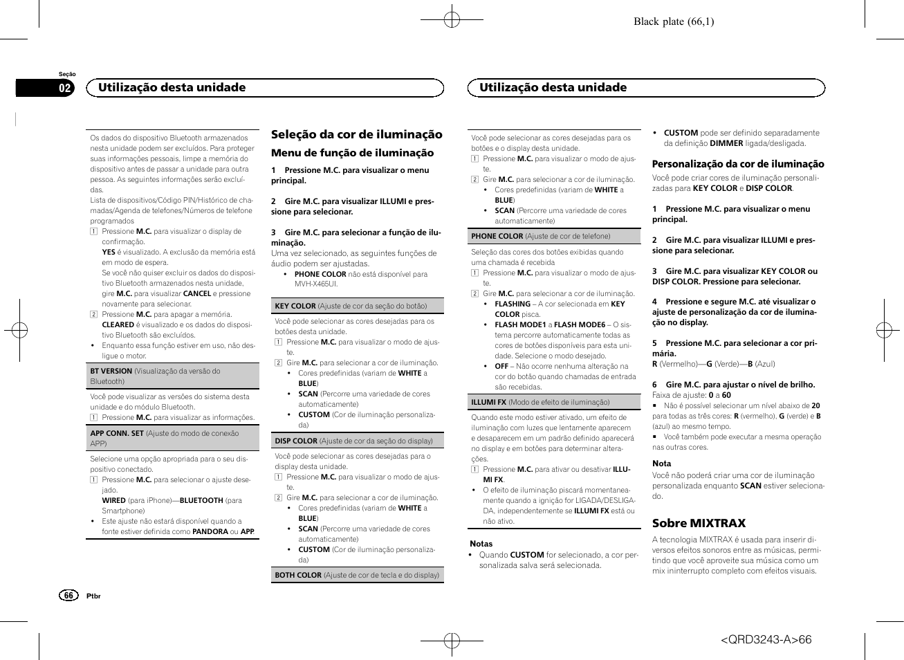 Seleção da cor de iluminação, Sobre mixtrax, Utilização desta unidade | Pioneer MVH-X565BT User Manual | Page 66 / 140