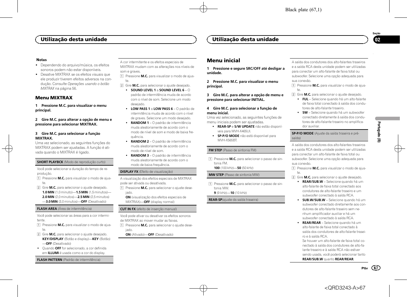 Rear-sp(ajuste da saída trasei, Menu inicial, Utilização desta unidade | Pioneer MVH-X565BT User Manual | Page 67 / 140