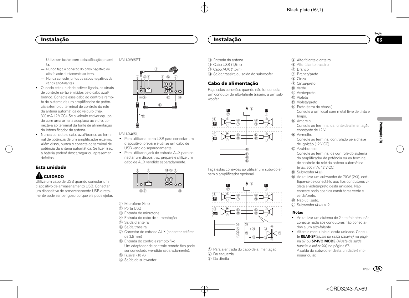 Instalação | Pioneer MVH-X565BT User Manual | Page 69 / 140