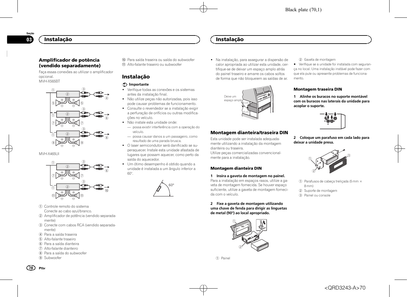 Instalação | Pioneer MVH-X565BT User Manual | Page 70 / 140