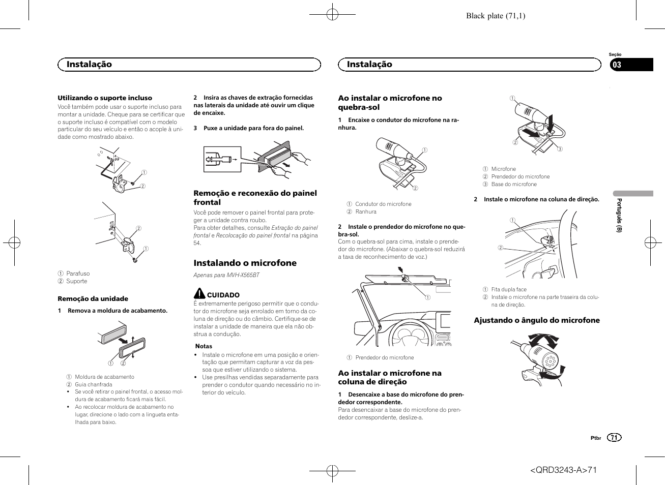 Instalando o microfone, Instalação | Pioneer MVH-X565BT User Manual | Page 71 / 140