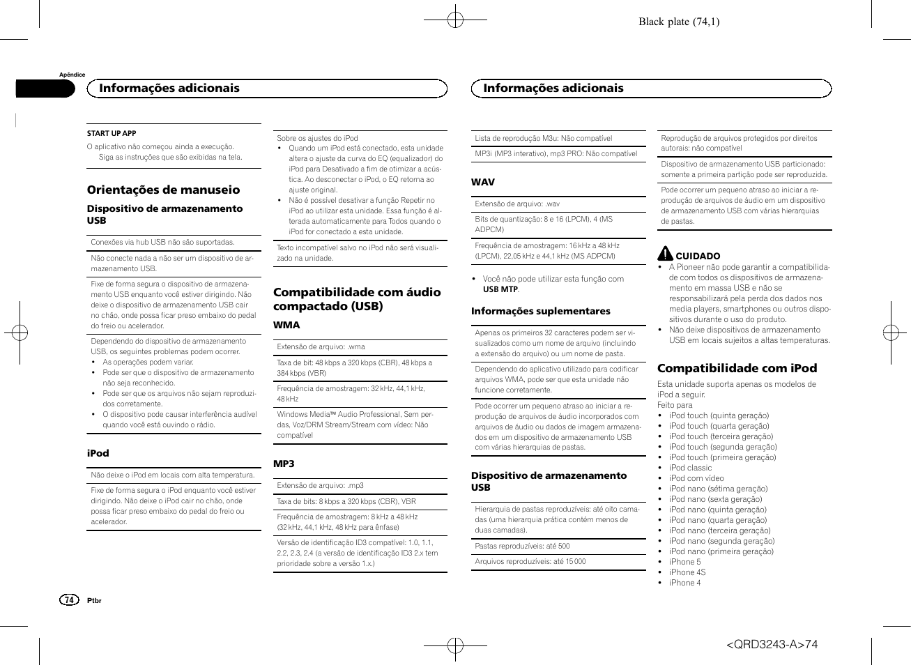 Orientações de manuseio, Compatibilidade com áudio compactado (usb), Compatibilidade com ipod | Informações adicionais | Pioneer MVH-X565BT User Manual | Page 74 / 140