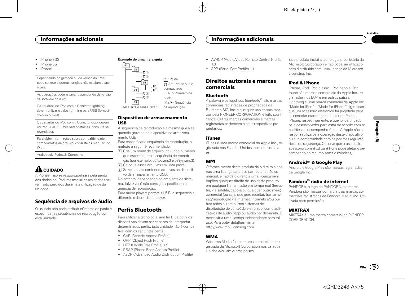 Sequência de arquivos de áudio, Perfis bluetooth, Direitos autorais e marcas comerciais | Informações adicionais | Pioneer MVH-X565BT User Manual | Page 75 / 140