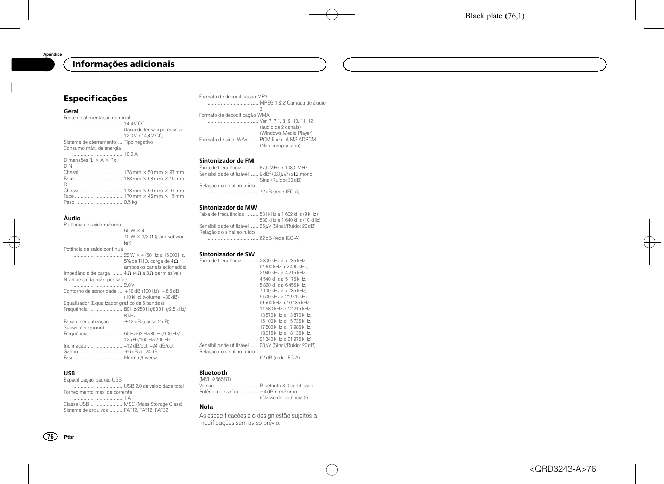 Especificações, Informações adicionais, Black plate (76,1) | Pioneer MVH-X565BT User Manual | Page 76 / 140