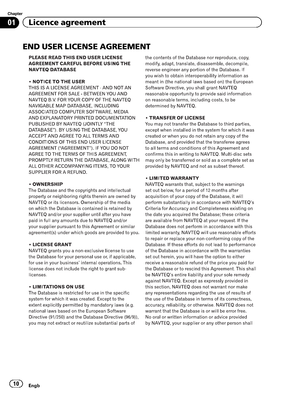 End user license agreement, 01 licence agreement | Pioneer AVIC-F930BT User Manual | Page 10 / 28