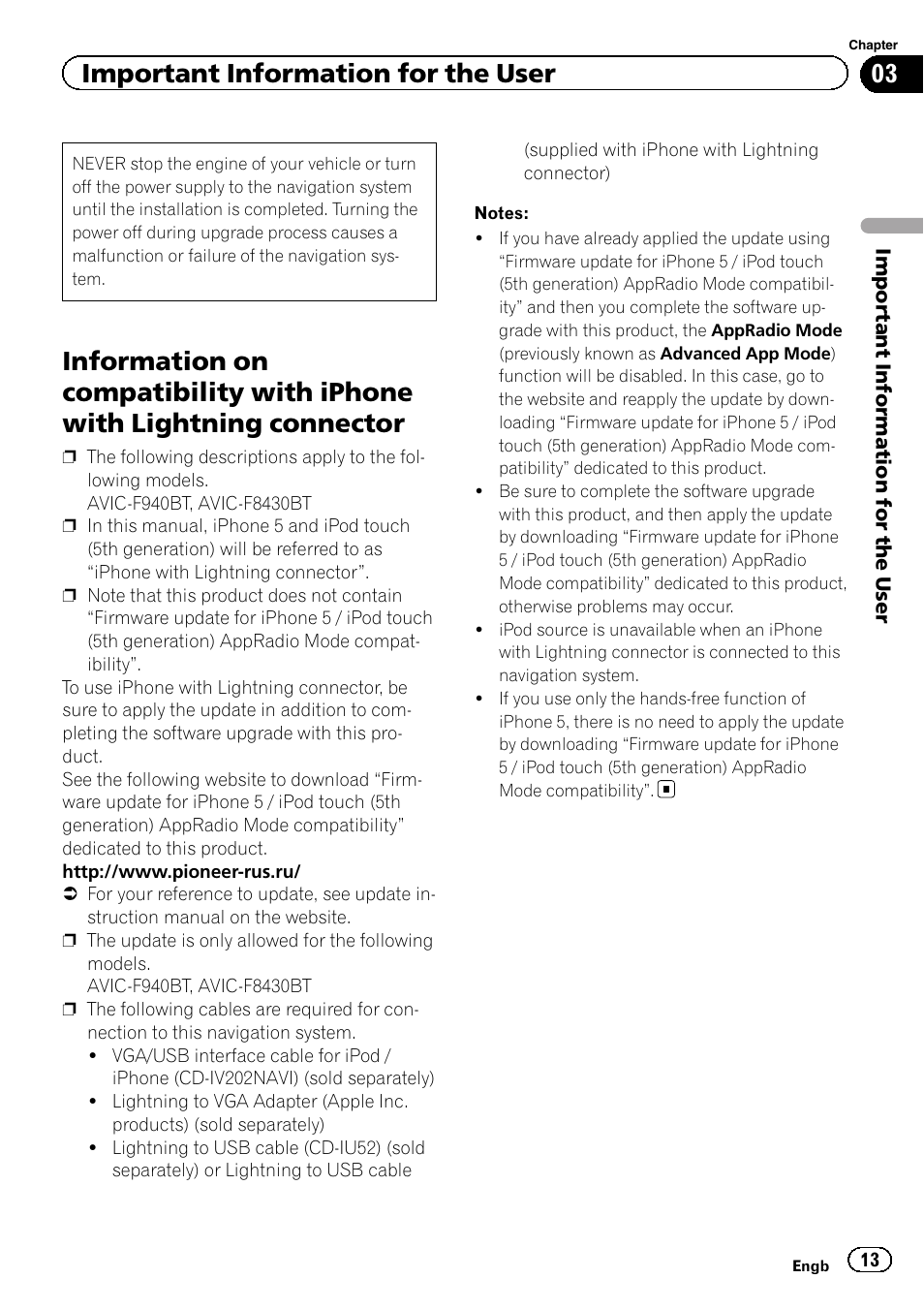 With lightning connector, Important information for the user | Pioneer AVIC-F930BT User Manual | Page 13 / 28