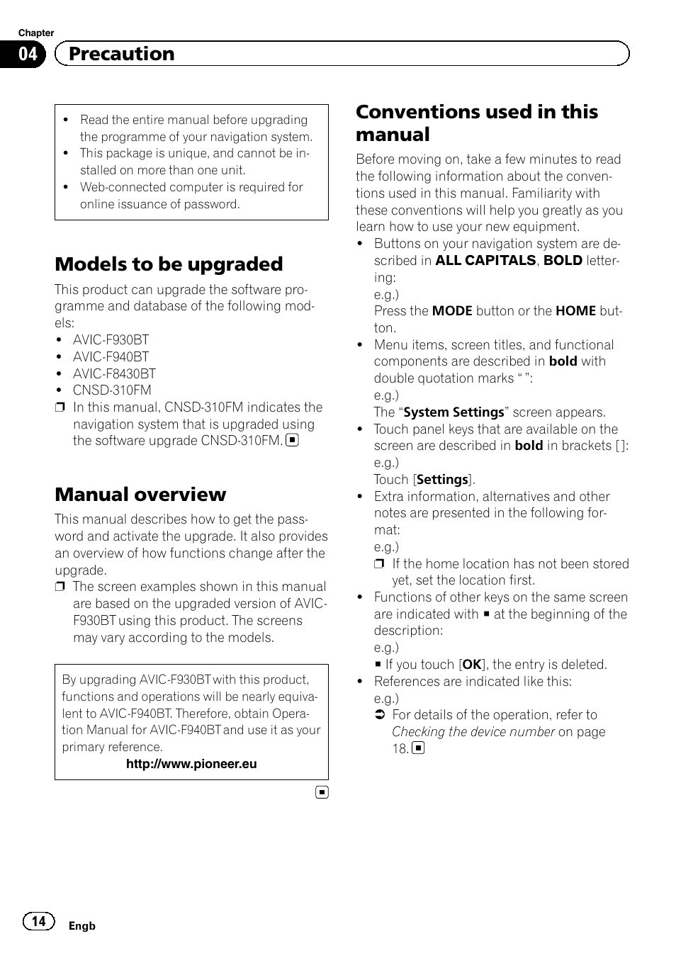 Precaution models to be upgraded, Manual overview, Conventions used in this manual | Models to be upgraded, 04 precaution | Pioneer AVIC-F930BT User Manual | Page 14 / 28