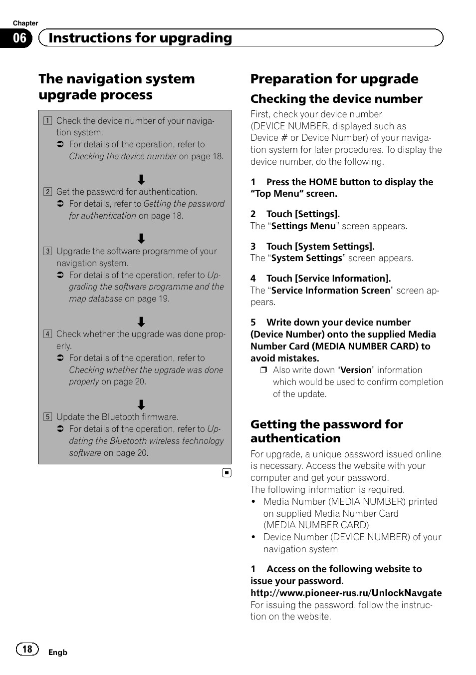 Preparation for upgrade, Checking the device number 18, Getting the password for | Authentication, The navigation system upgrade process, 06 instructions for upgrading, Checking the device number, Getting the password for authentication | Pioneer AVIC-F930BT User Manual | Page 18 / 28
