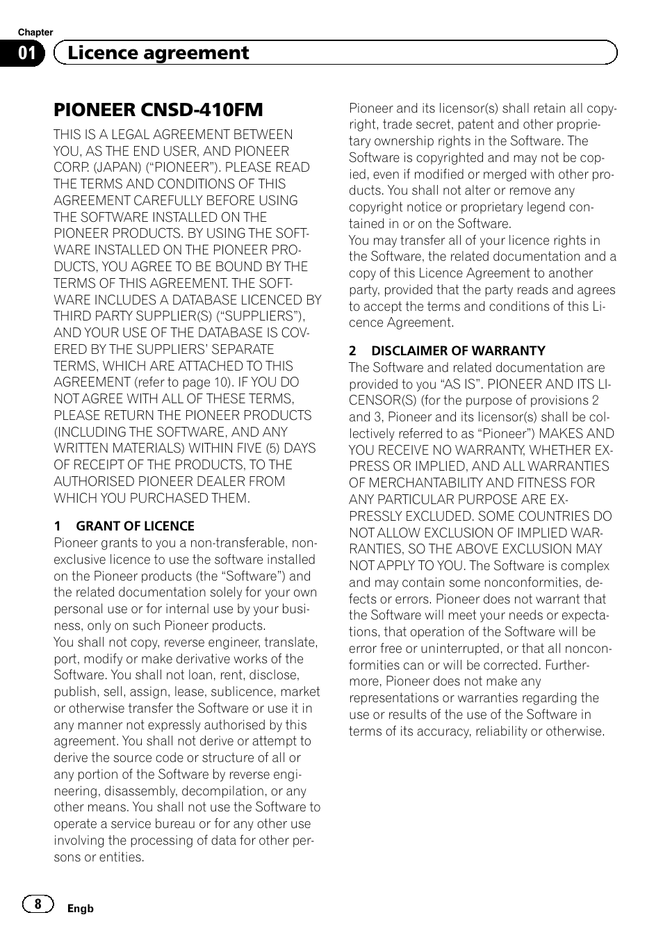 Licence agreement pioneer cnsd-410fm, Pioneer cnsd-410fm, 01 licence agreement | Pioneer AVIC-F930BT User Manual | Page 8 / 28