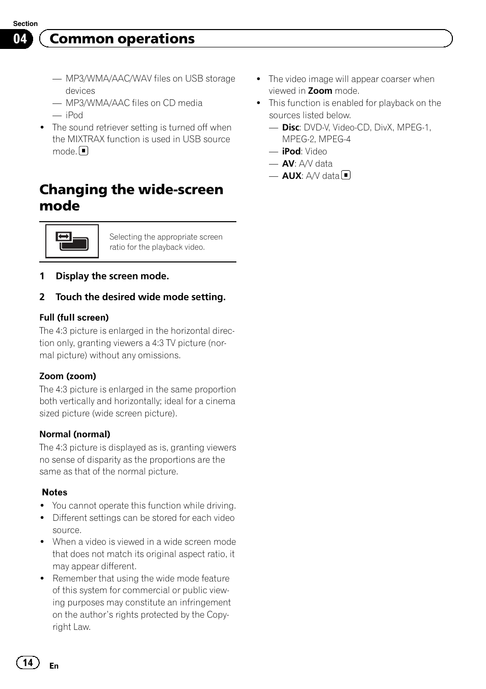 Changing the wide-screen mode, 04 common operations | Pioneer AVH-X7500BT User Manual | Page 14 / 92