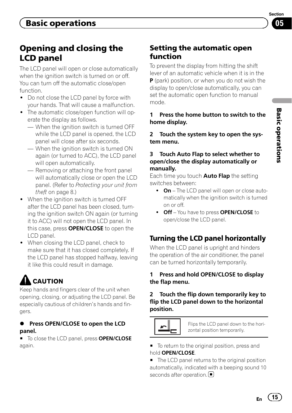 Basic operations opening and closing the lcd panel, Opening and closing the lcd panel, Basic operations | Setting the automatic open function, Turning the lcd panel horizontally | Pioneer AVH-X7500BT User Manual | Page 15 / 92