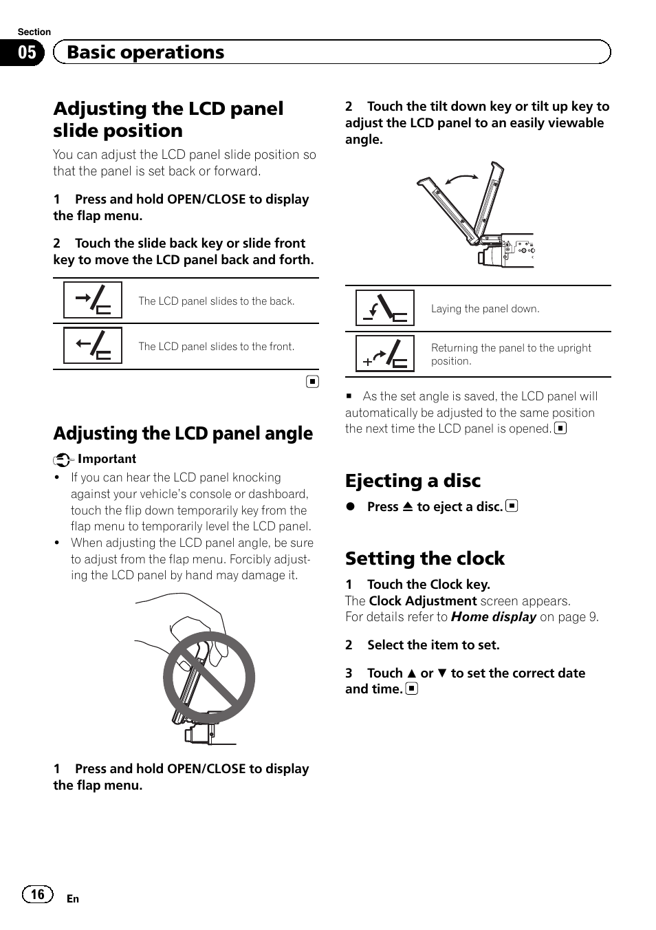 Adjusting the lcd panel slide position, Adjusting the lcd panel angle, Ejecting a disc | Setting the clock, 05 basic operations | Pioneer AVH-X7500BT User Manual | Page 16 / 92