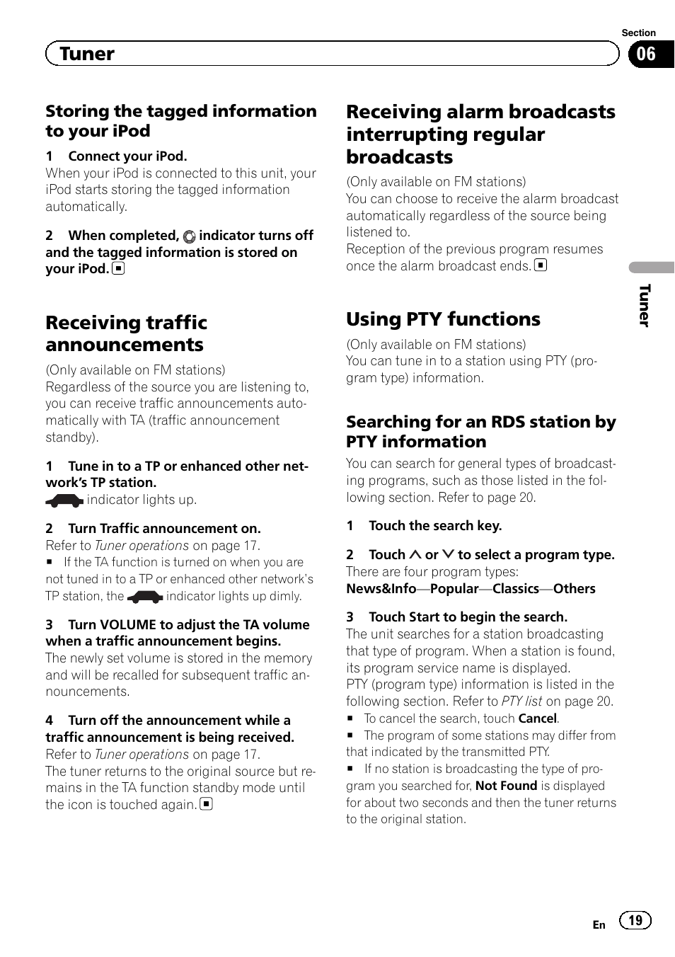 Receiving traffic announcements, Receiving alarm broadcasts interrupting, Regular broadcasts | Using pty functions, Tuner | Pioneer AVH-X7500BT User Manual | Page 19 / 92