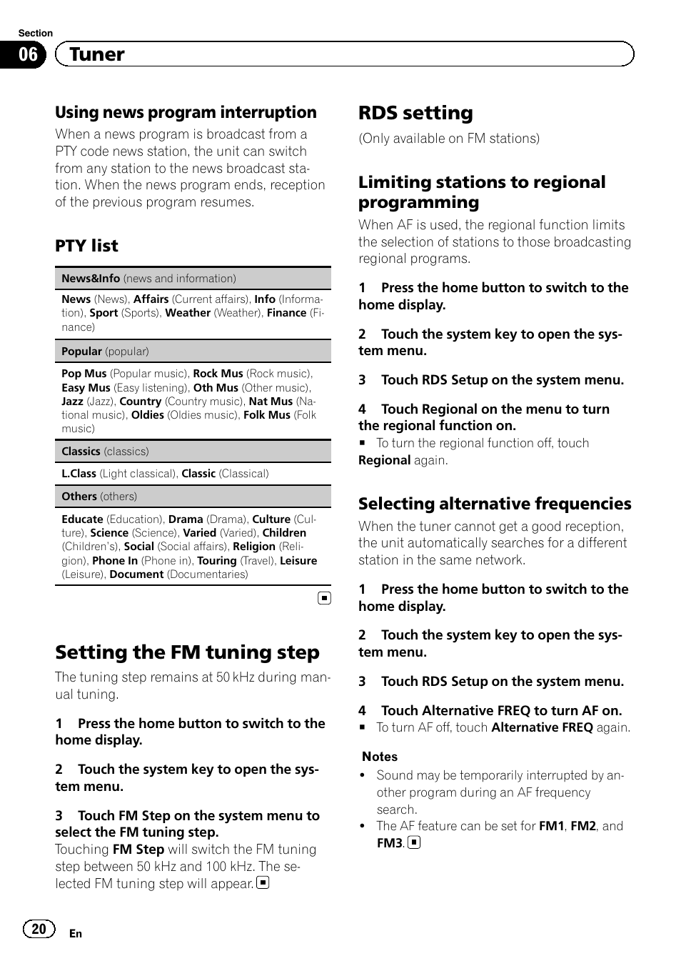 Setting the fm tuning step, Rds setting, 06 tuner | Using news program interruption, Pty list, Limiting stations to regional programming, Selecting alternative frequencies | Pioneer AVH-X7500BT User Manual | Page 20 / 92
