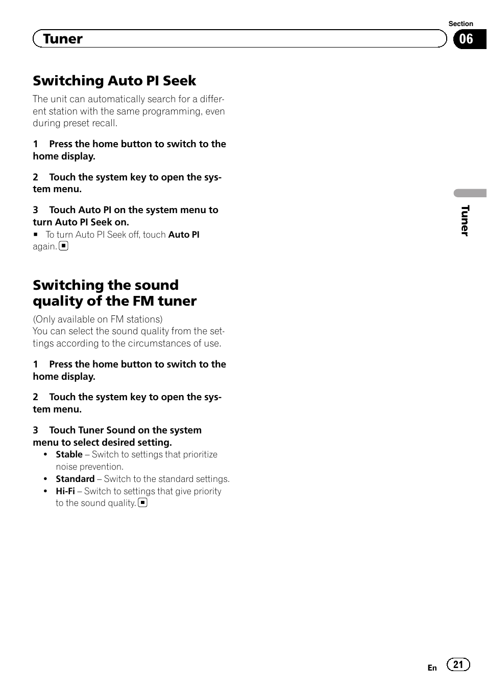 Switching auto pi seek, Switching the sound quality of the fm, Tuner | Switching the sound quality of the fm tuner | Pioneer AVH-X7500BT User Manual | Page 21 / 92