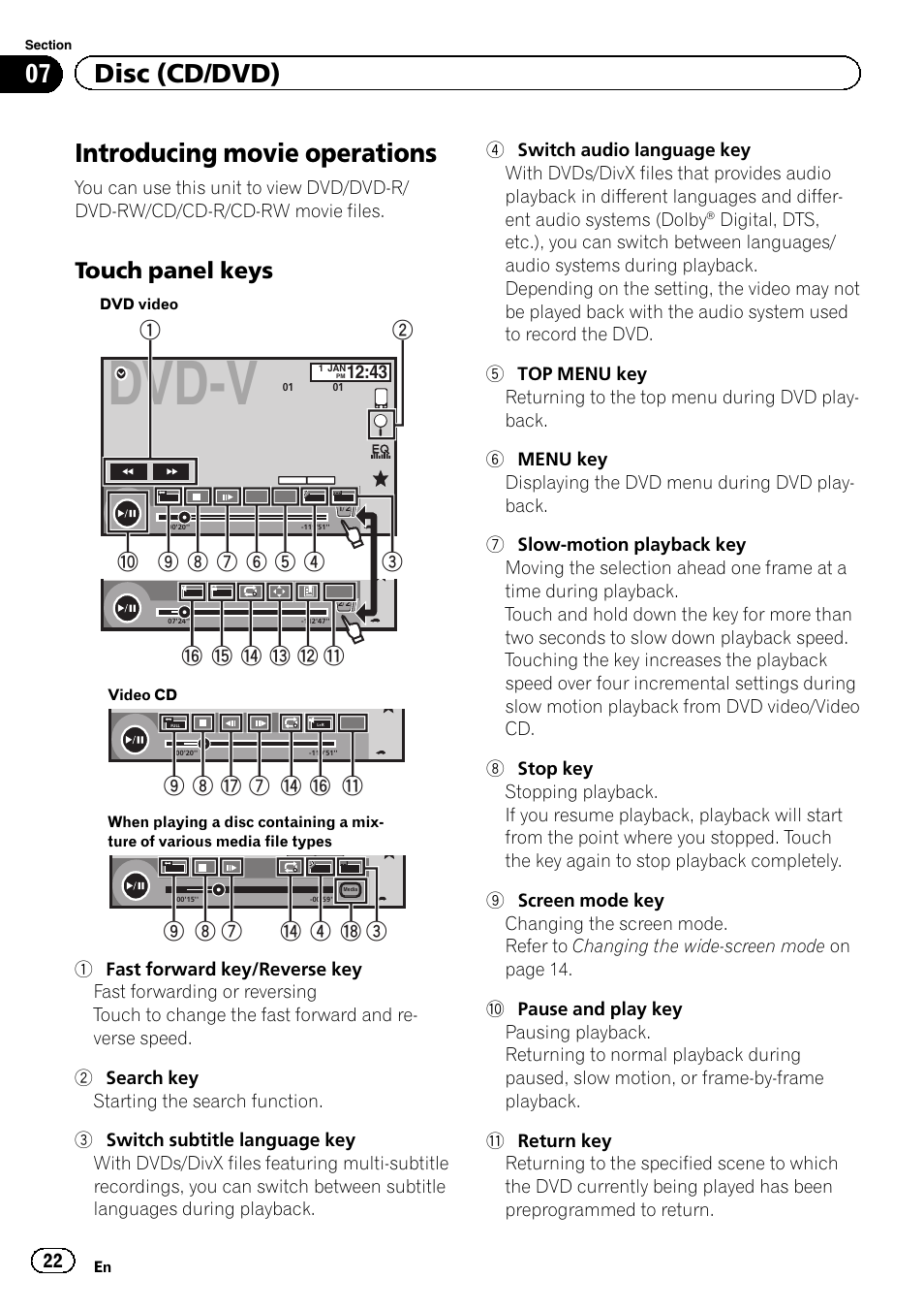 Disc (cd/dvd) introducing movie operations, Dvd-v, Introducing movie operations | 07 disc (cd/dvd), Touch panel keys, 9 8 h 7 e g b | Pioneer AVH-X7500BT User Manual | Page 22 / 92