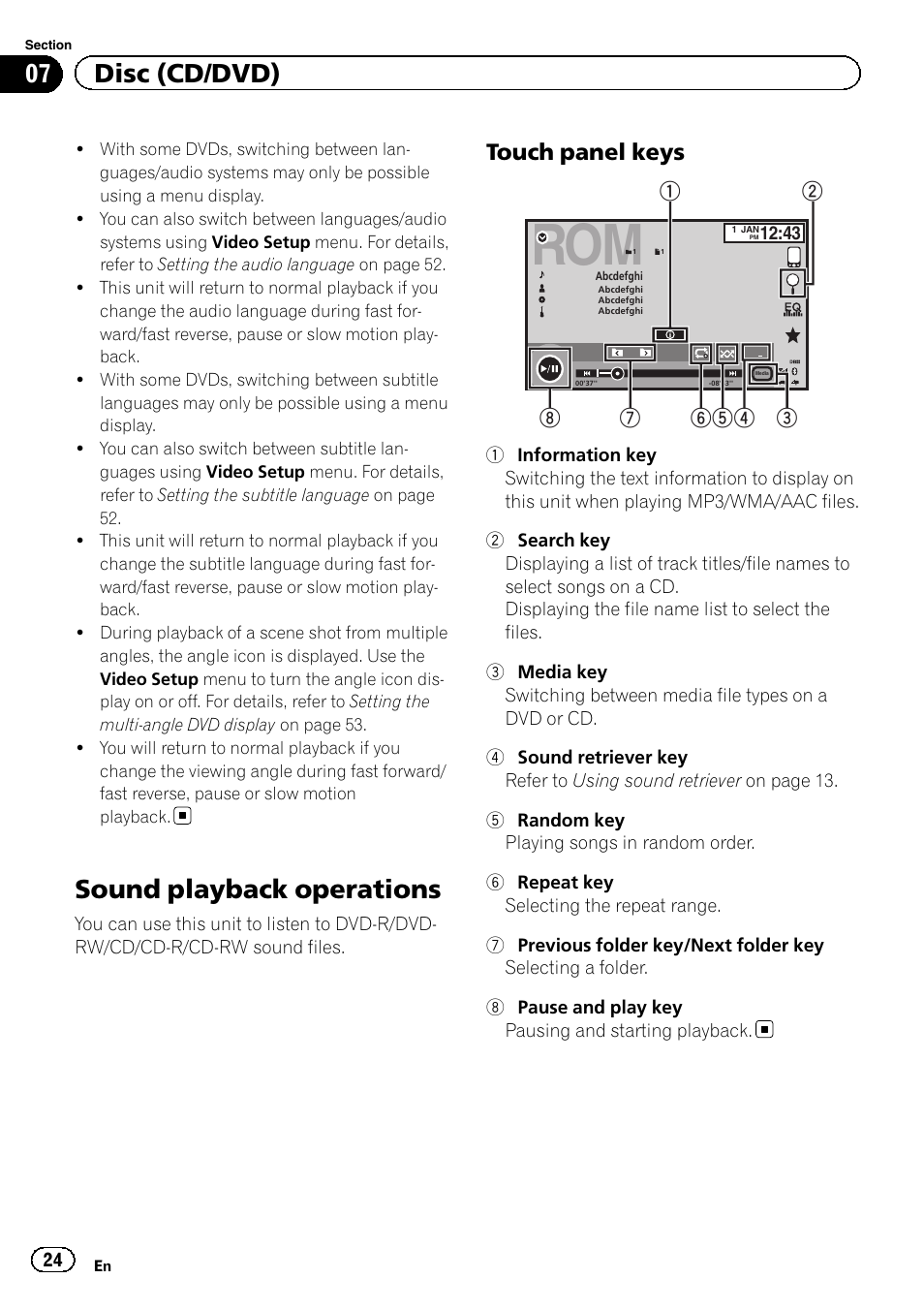 Sound playback operations, 07 disc (cd/dvd), Touch panel keys | Pioneer AVH-X7500BT User Manual | Page 24 / 92