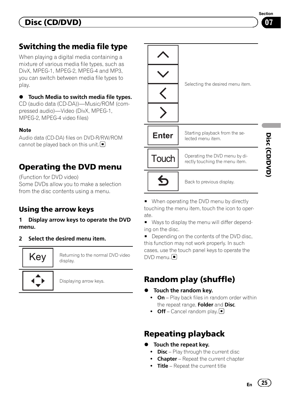 Switching the media file type, Operating the dvd menu, Random play (shuffle) | Repeating playback, Disc (cd/dvd), Using the arrow keys | Pioneer AVH-X7500BT User Manual | Page 25 / 92