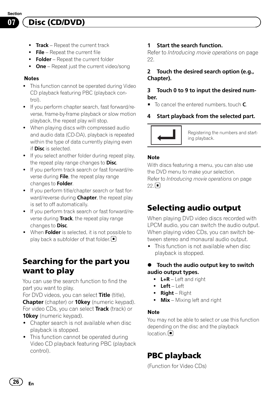 Searching for the part you want to play, Selecting audio output, Pbc playback | 07 disc (cd/dvd) | Pioneer AVH-X7500BT User Manual | Page 26 / 92