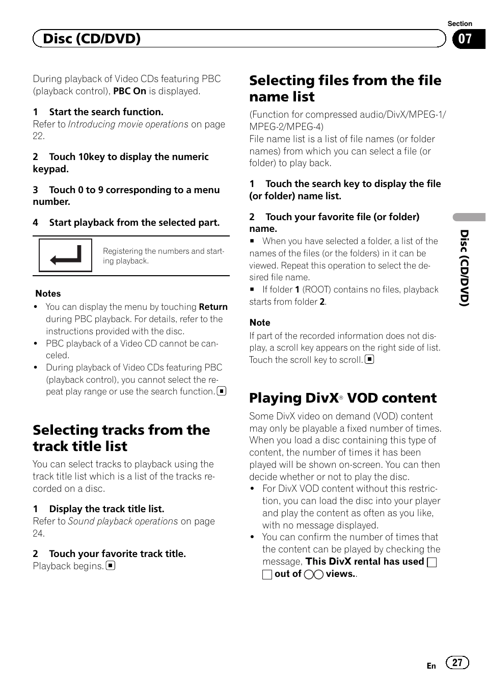 Selecting tracks from the track title list, Selecting files from the file name list, Playing divx | Â vod content 27, Vod content, Disc (cd/dvd) | Pioneer AVH-X7500BT User Manual | Page 27 / 92
